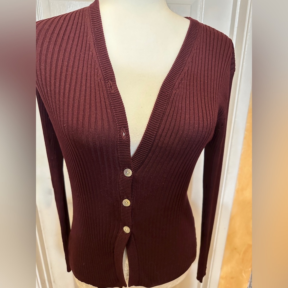 ZZ Silk Purple Ribbed Long Sleeve V-Neck Sweater Size Medium 100% Silk